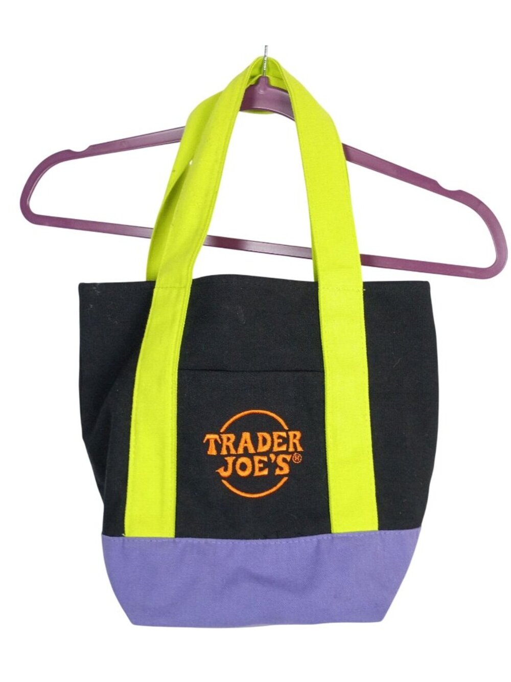 Trader Joe's Halloween Mini Canvas Tote Bag Black Purple Neon Green Handles